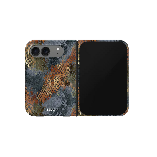Brown Snake Print, Copper iPhone 18 Fold Case, unfolded front view