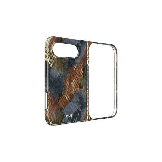 Brown Snake Print, Copper iPhone 18 Fold Case, unfolded side view showing the hinge