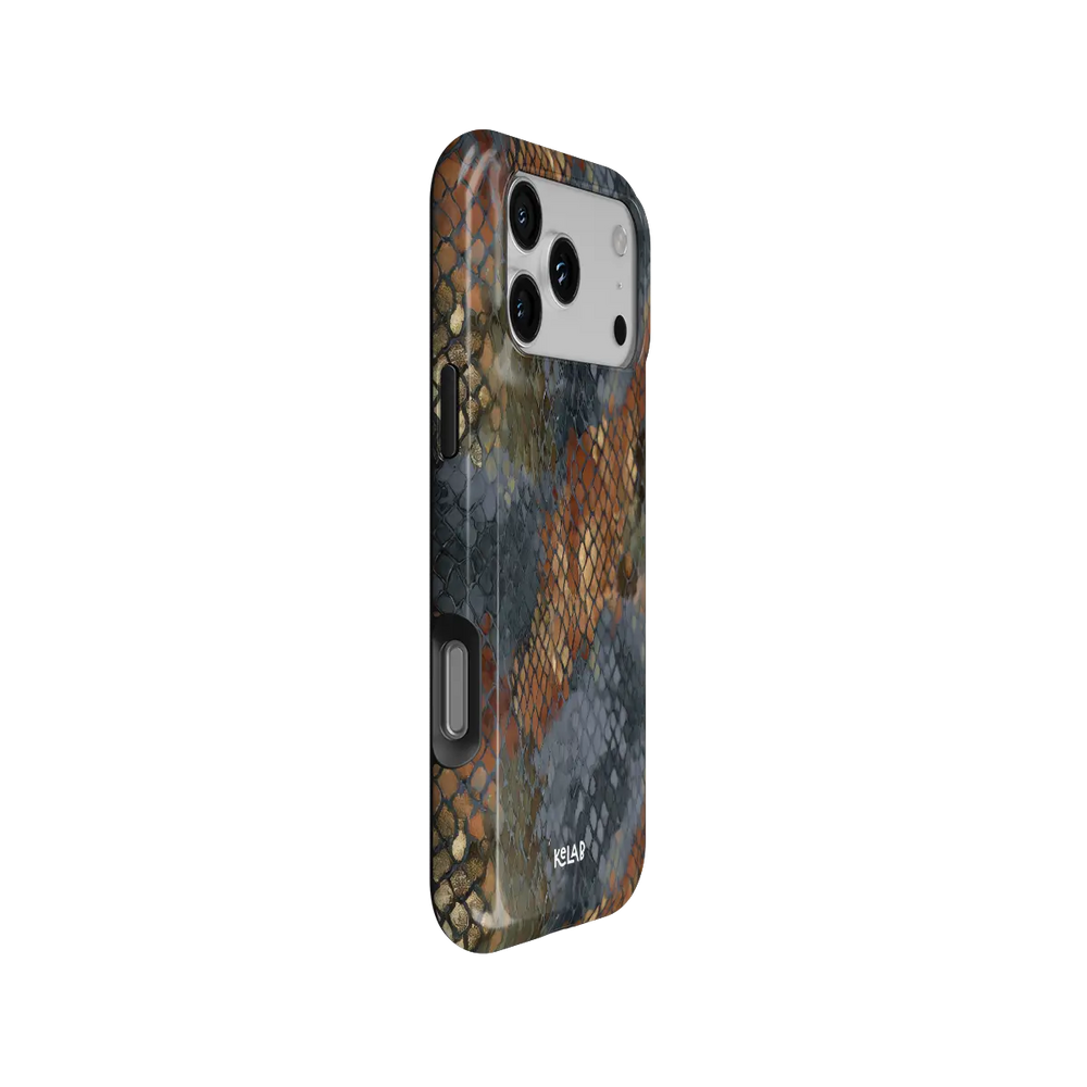 Dragon Scale brown snake print Tough iPhone case at a side angle showing the pattern wrapped around buttons.