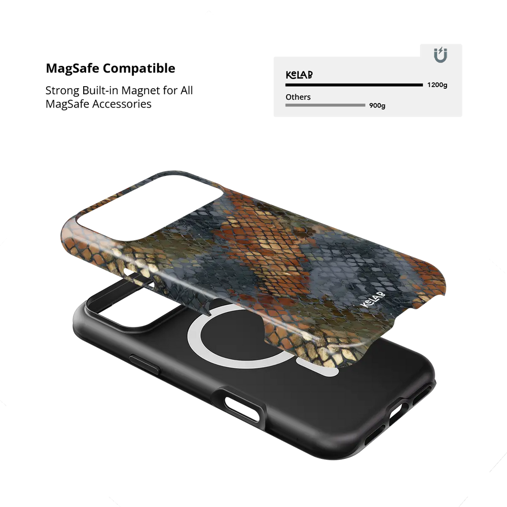 Dragon Scale brown snake print Tough iPhone case with built-in strong MagSafe magnets.