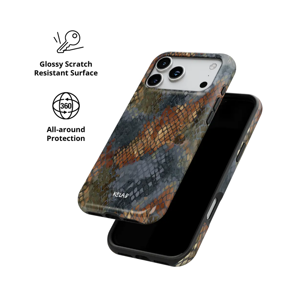 Dragon Scale brown snake print Tough iPhone case with glossy, scratch resistant all-around protection.