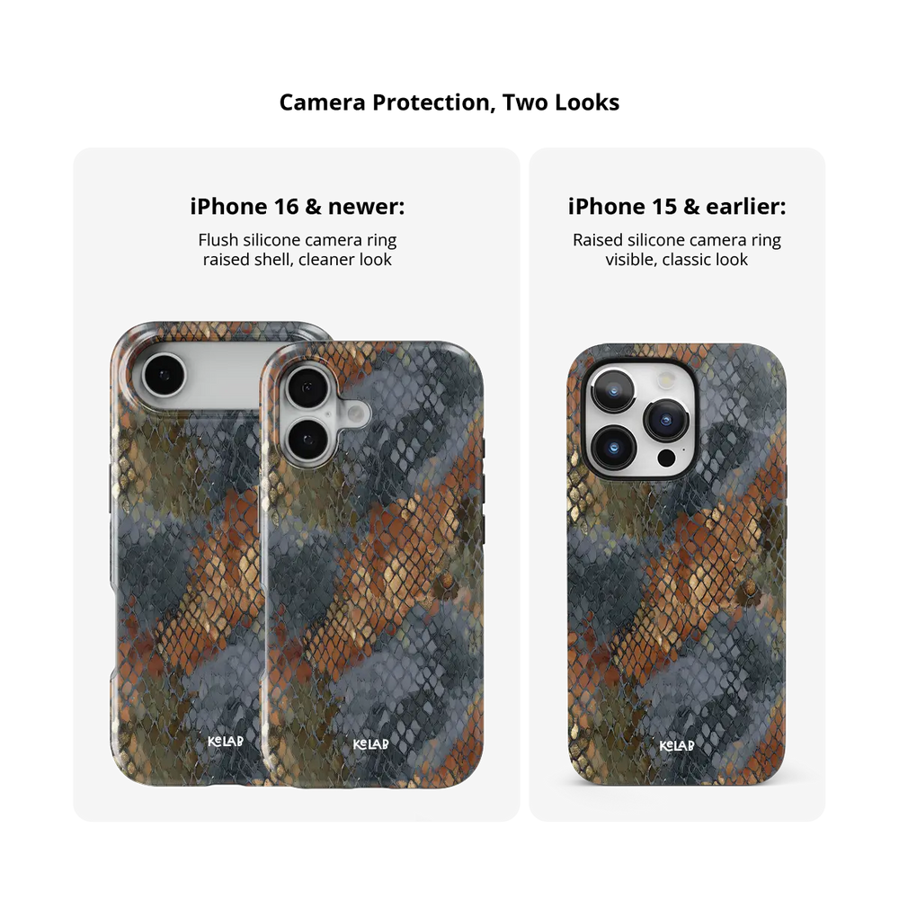 Dragon Scale brown snake print Tough iPhone case camera protection compared across iPhone models.