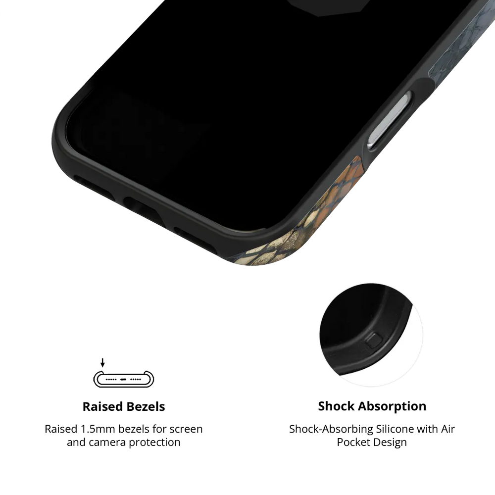 Dragon Scale brown snake print Tough iPhone case with raised bezel and shock absorbing liner.
