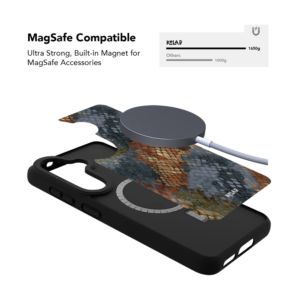 Dragon Scale brown snake print Samsung Galaxy case holding a magnetic wireless charger through the built in ring.