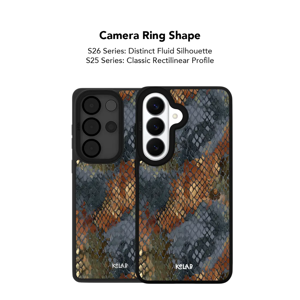 Close up of the camera ring cutout on the Dragon Scale brown snake print Samsung Galaxy case.