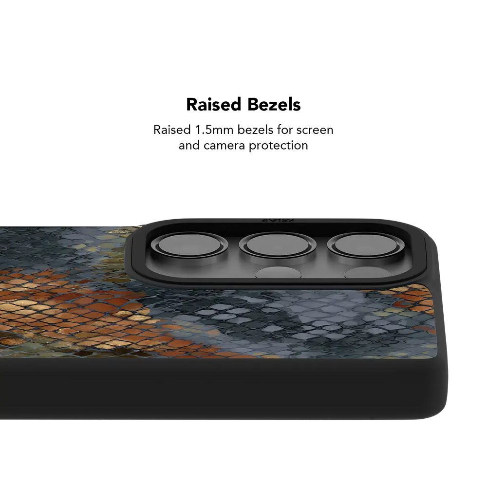 Raised bezel on the Dragon Scale brown snake Galaxy case lifting the camera lenses clear of a flat surface.