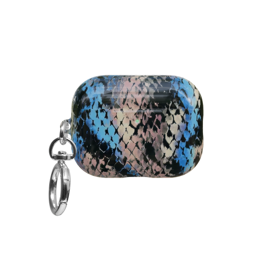 Blue Snake Print airpods pro case front view with closed lid and keychain