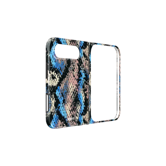 Blue Snakeskin, Cobalt Serpent iPhone 18 Fold Case, unfolded side view showing the hinge