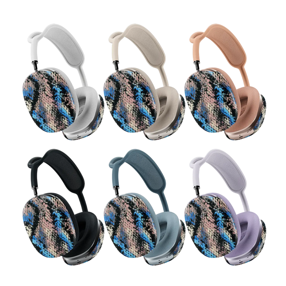 Glacier Coil blue snake AirPods Max covers shown across the full colorway lineup.