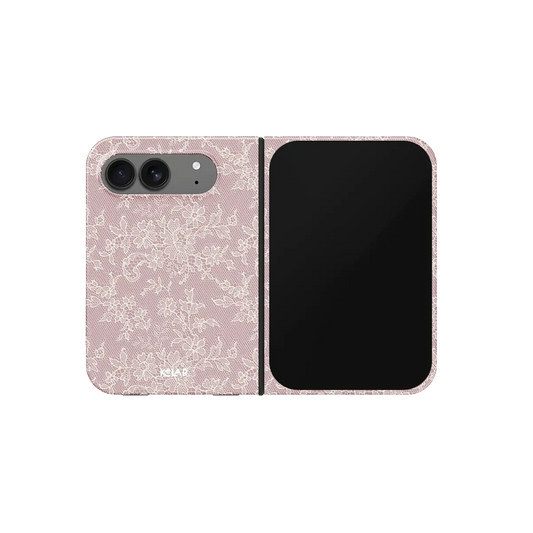Pink Lace, Dusty Rose Cottagecore iPhone 18 Fold Case, unfolded front view
