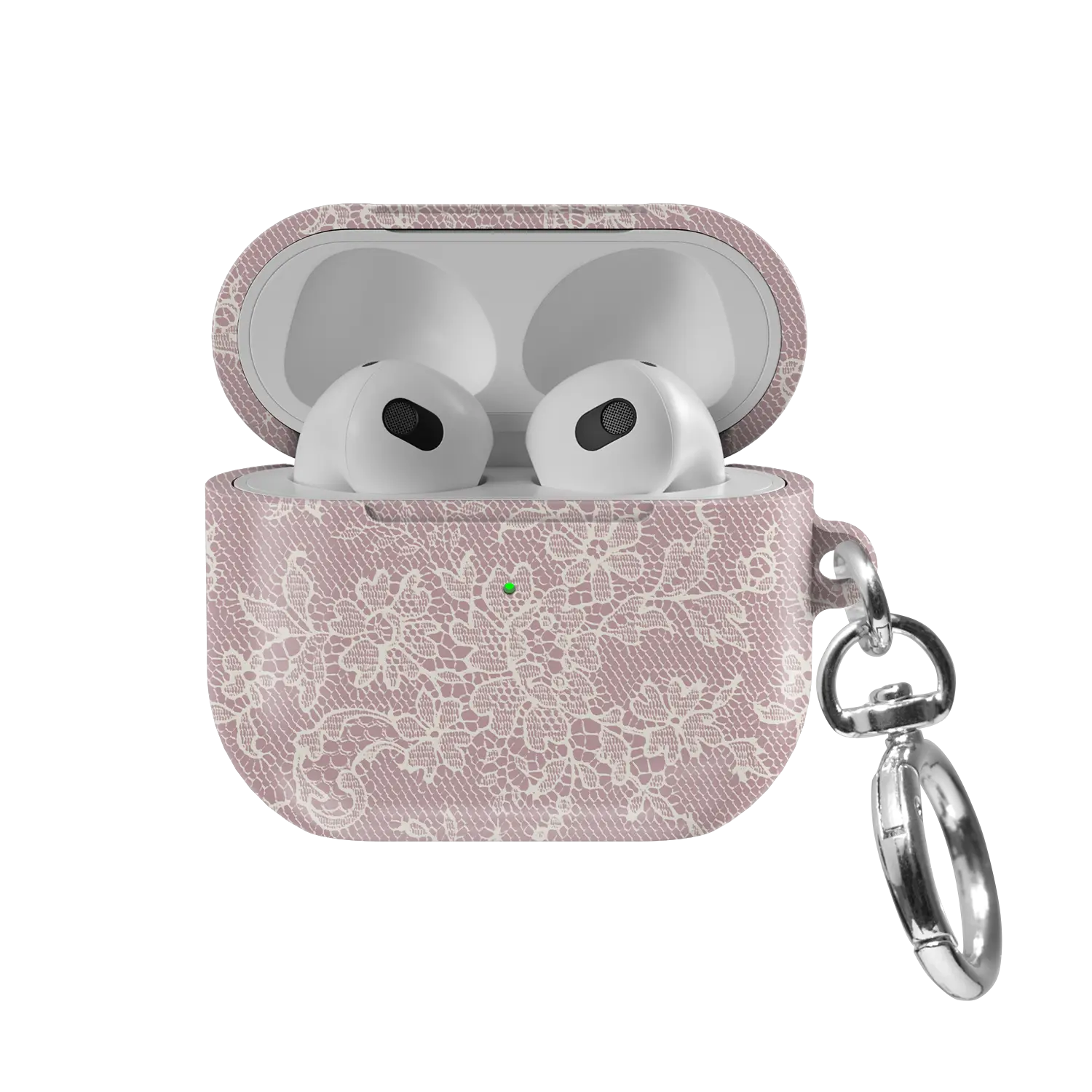 Powder Rose AirPods case — front view with lid open, showing cream lace print on dusty rose and AirPods nested inside