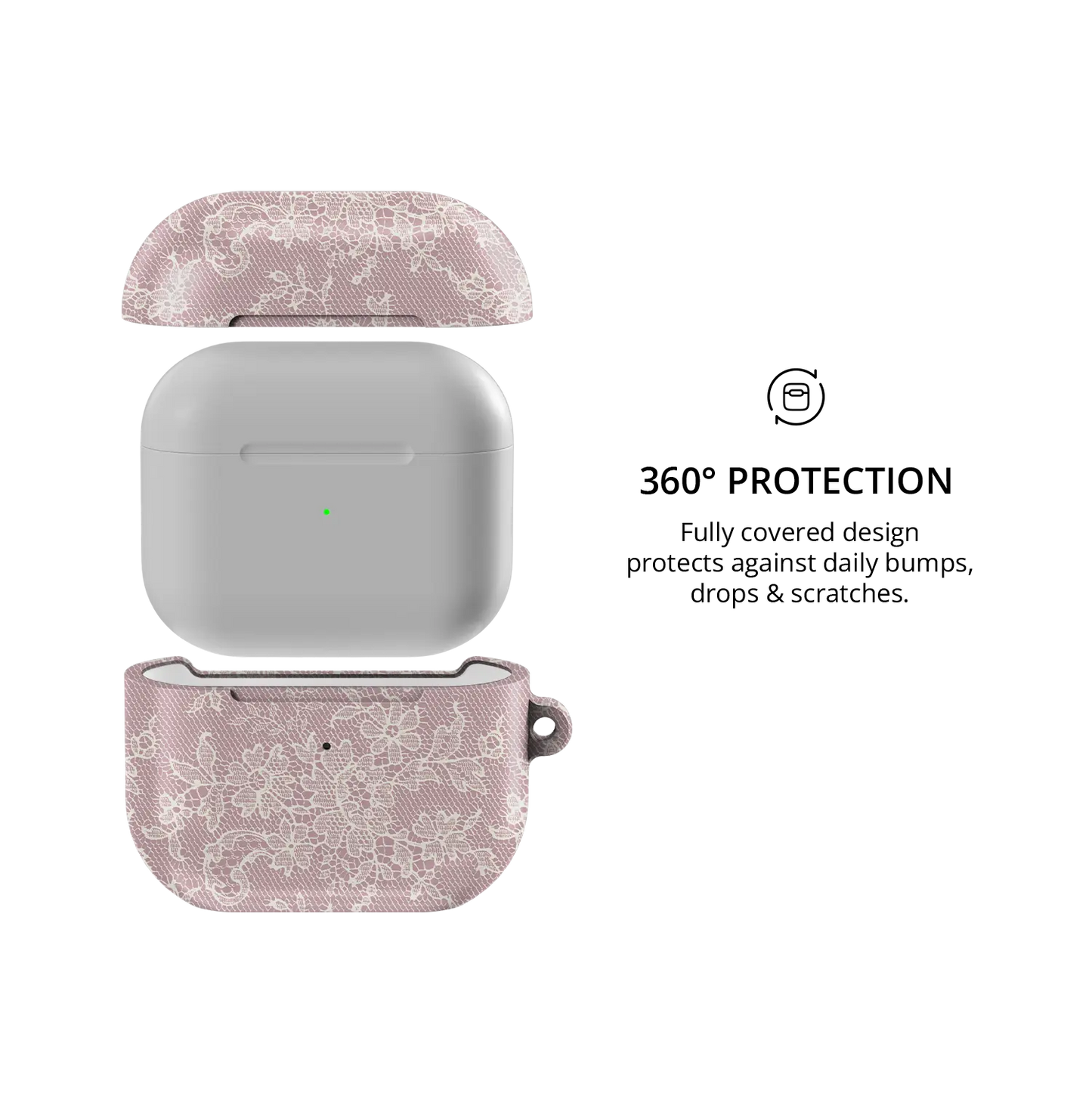 Powder Rose AirPods case — front and back views highlighting full 360° protective coverage