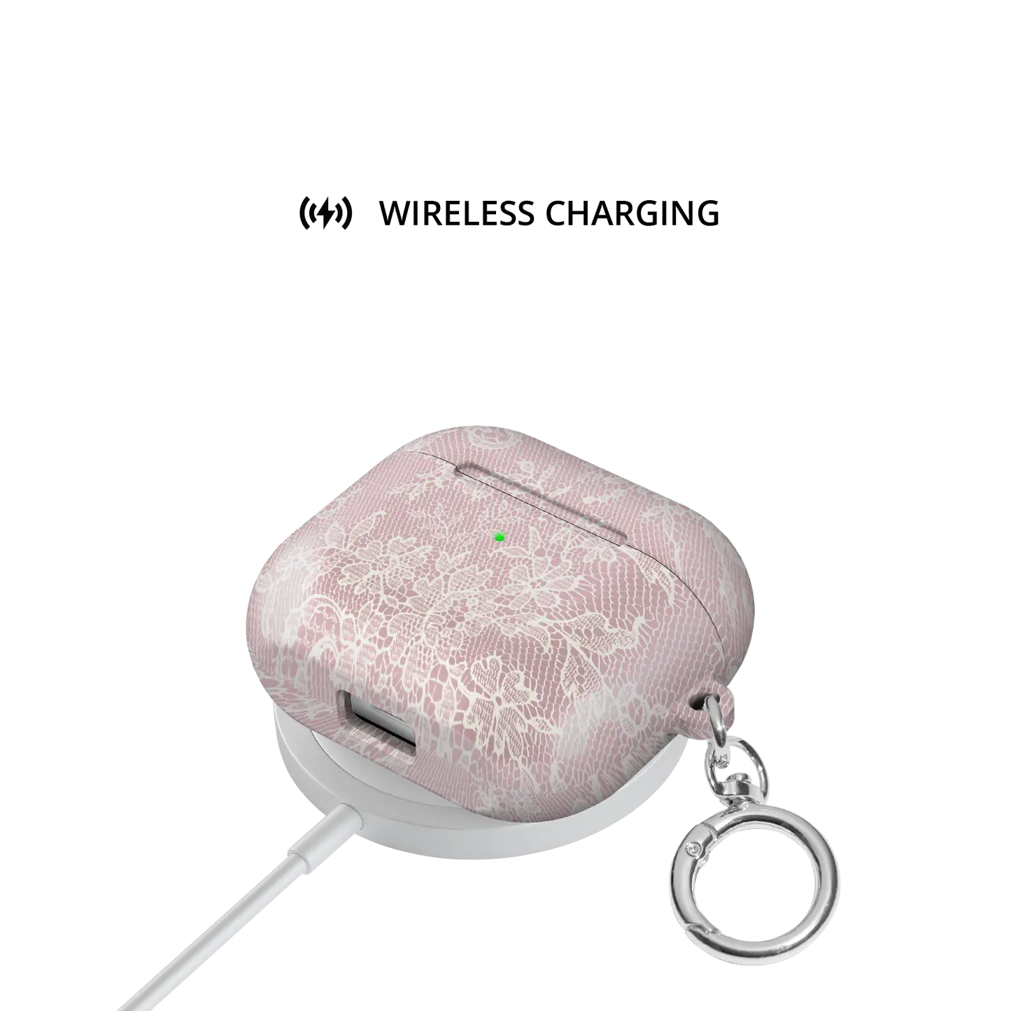 Powder Rose AirPods case — shown on wireless charging pad, Qi compatible without removing case