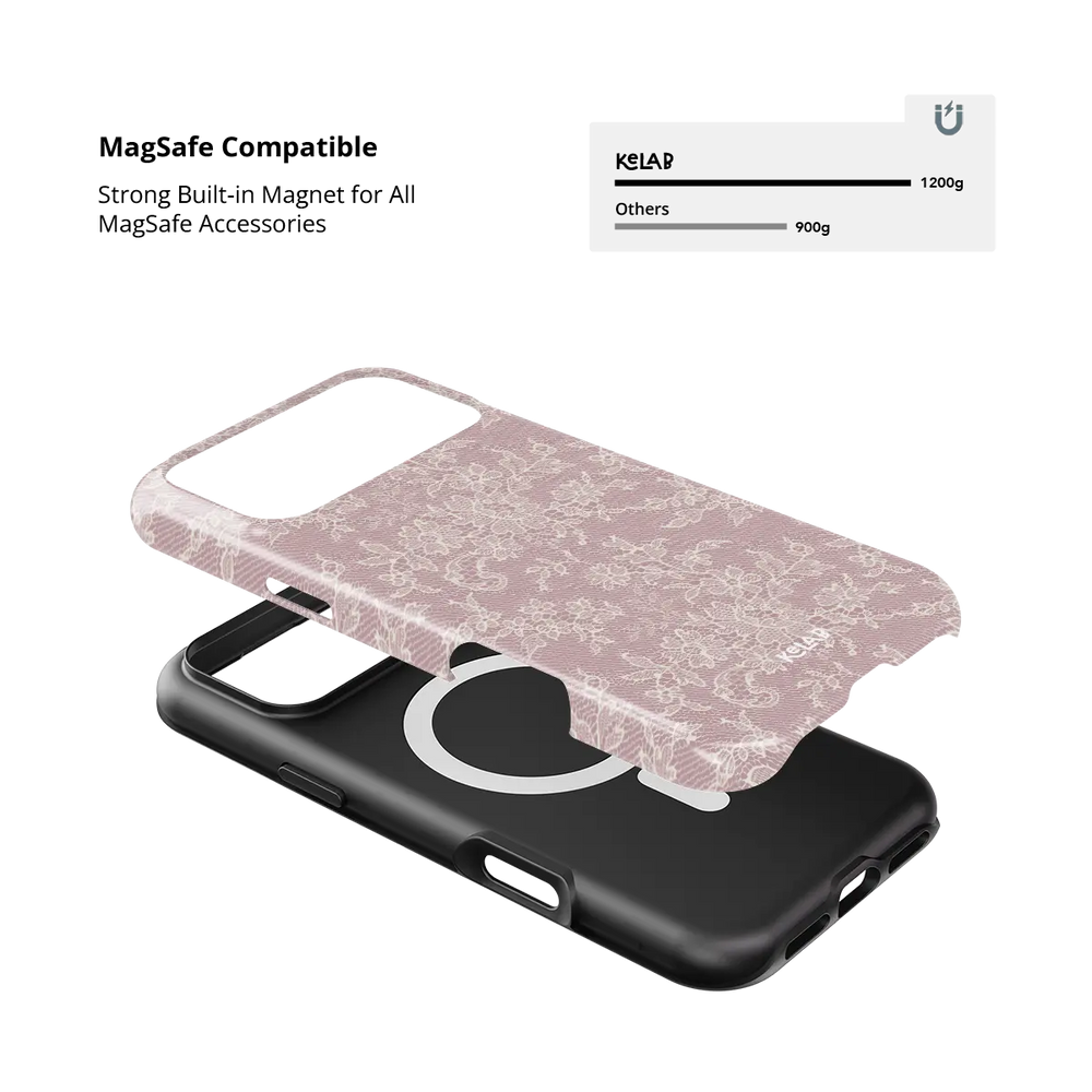 Pink lace Tough iPhone case, built-in strong MagSafe magnets.