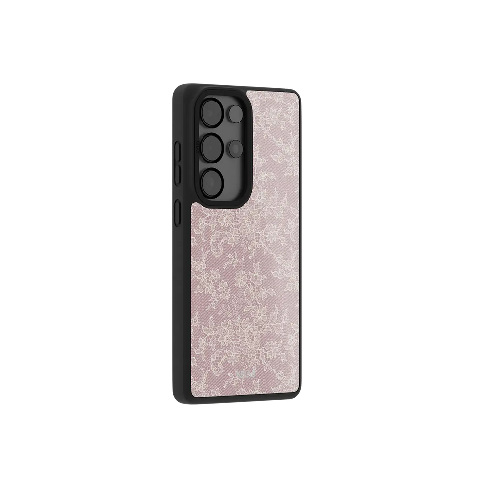 Pink Lace Samsung Galaxy case, side angle view with the pattern wrapped around the buttons