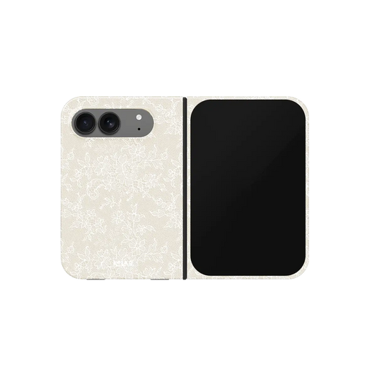 Ivory Lace, Cream Floral Lace Vintage iPhone 18 Fold Case, unfolded front view