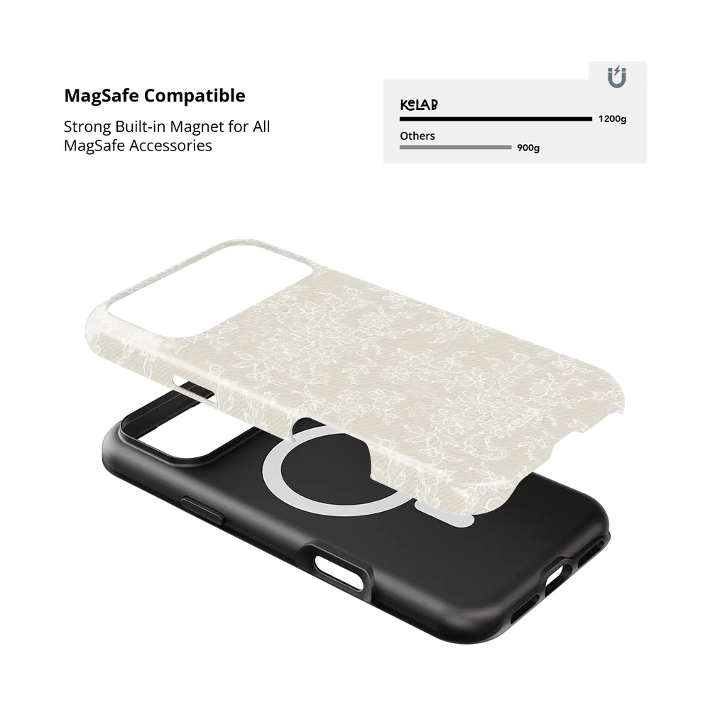 Ivory lace Tough iPhone case, built-in strong MagSafe magnets.