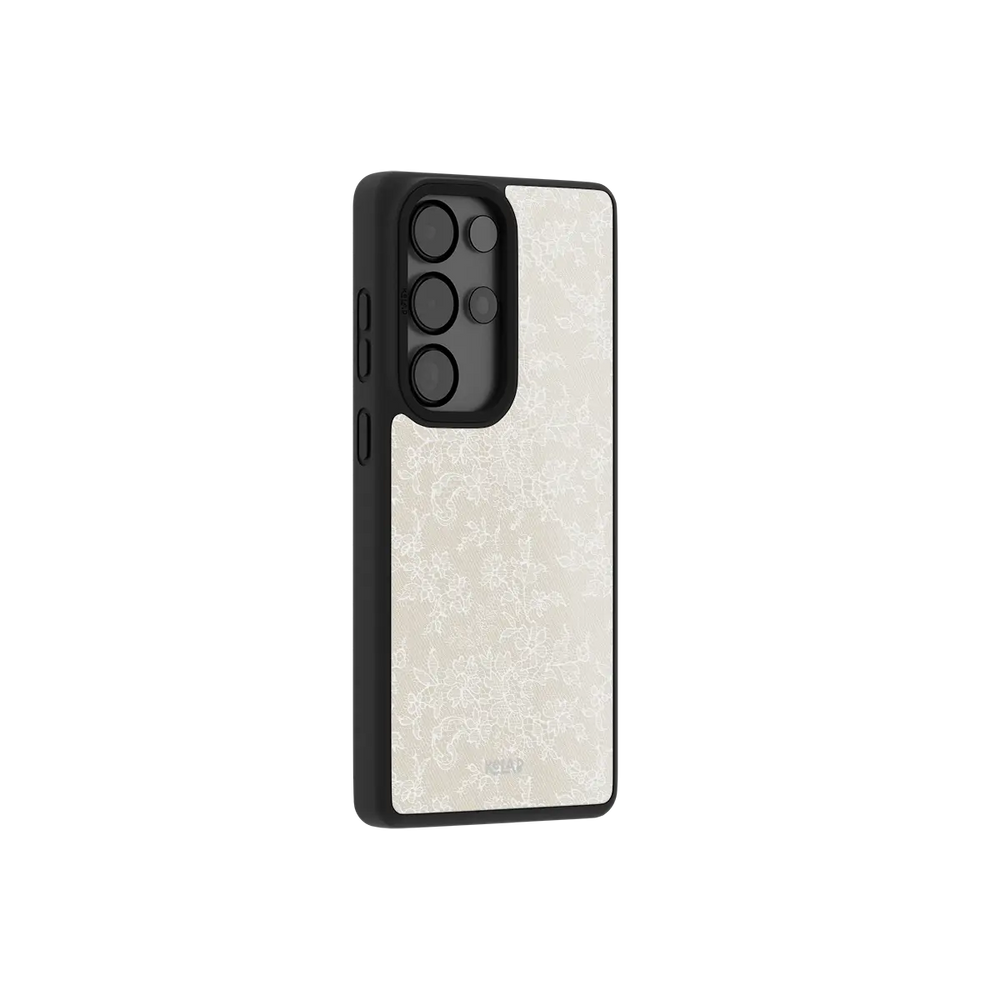Ivory Lace Samsung Galaxy case, side angle view with the pattern wrapped around the buttons