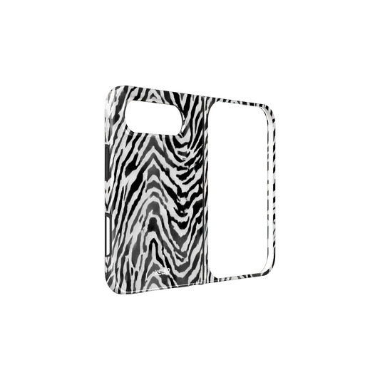 Black White Zebra Print, Chevron iPhone 18 Fold Case, unfolded side view showing the hinge