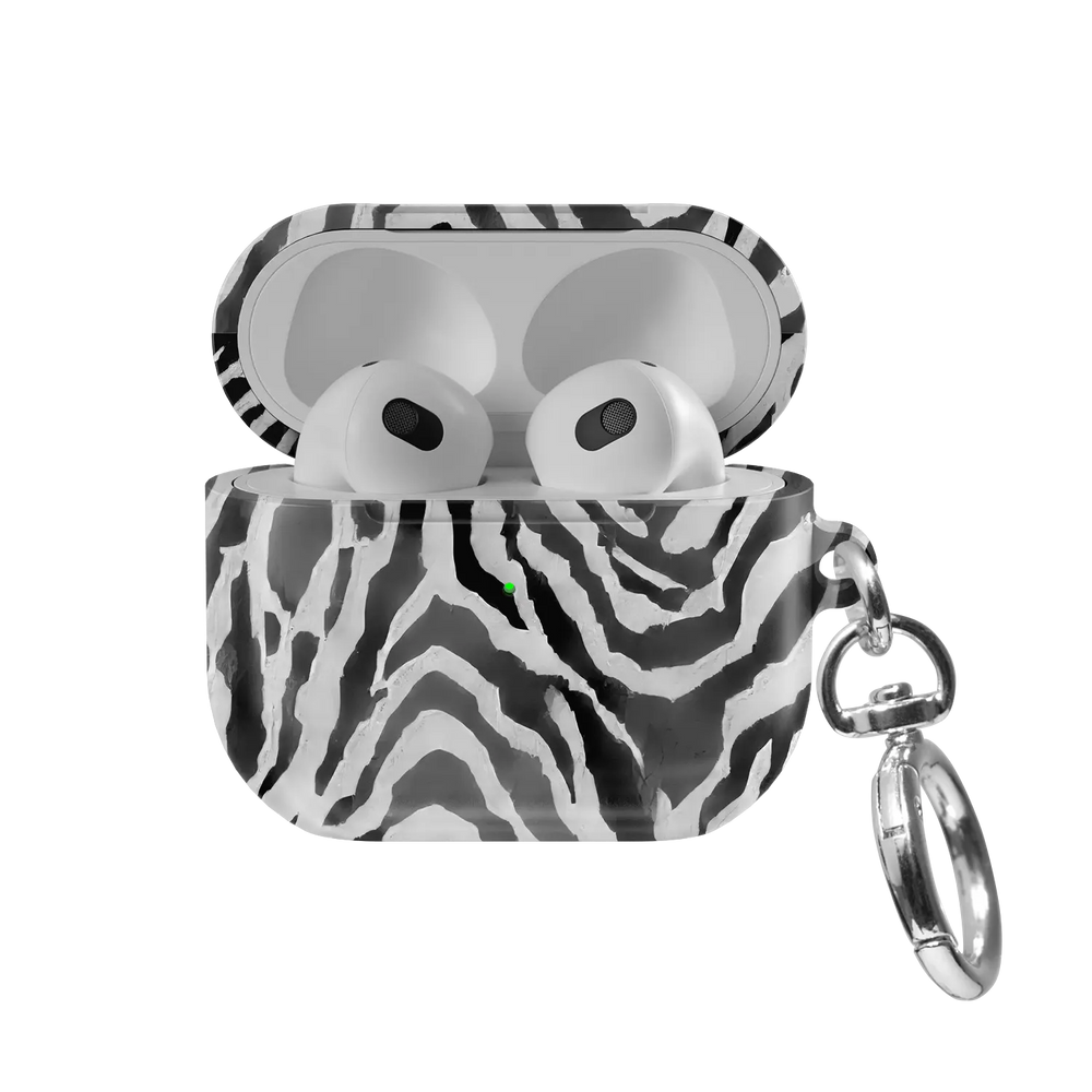 Zebra Crossing | Black & White Zebra Print AirPods Case - front view with open lid