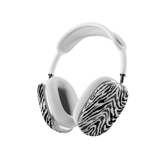 Zebra Crossing black and white zebra AirPods Max earcup covers seen at a three quarter angle.