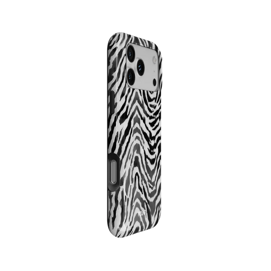 Zebra Crossing black and white zebra print Tough iPhone case at a side angle showing the pattern wrapped around buttons.