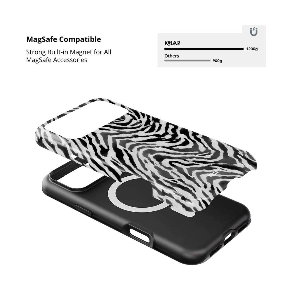 Zebra Crossing black and white zebra print Tough iPhone case with built-in strong MagSafe magnets.