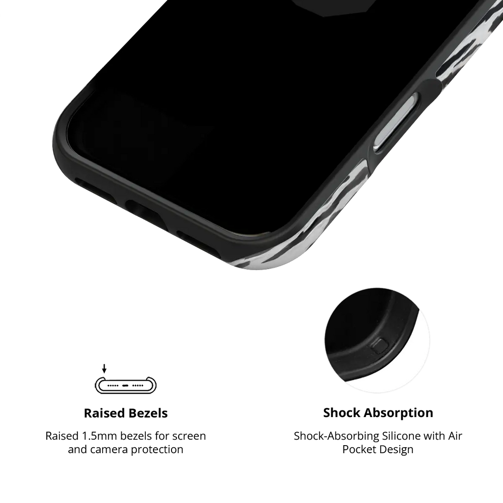 Zebra Crossing black and white zebra print Tough iPhone case with raised bezel and shock absorbing liner.
