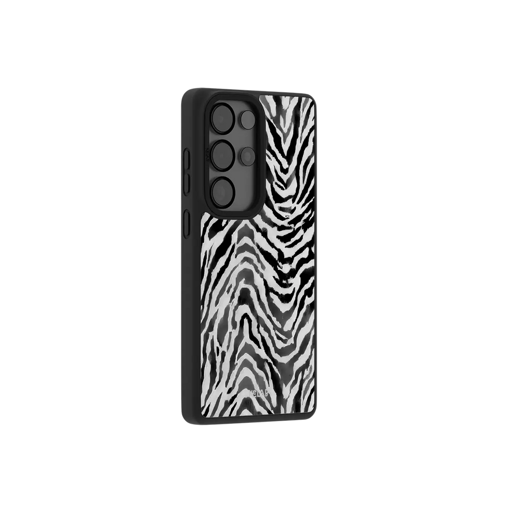 Zebra Crossing black and white zebra print Samsung Galaxy case at a side angle showing the wrapped button covers.