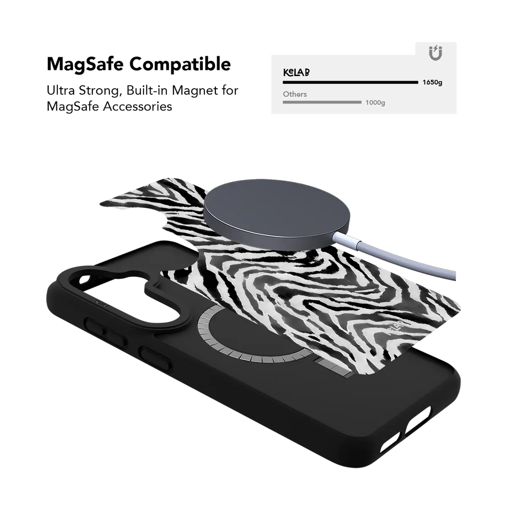 Zebra Crossing black and white zebra print Samsung Galaxy case holding a magnetic wireless charger through the built in ring.