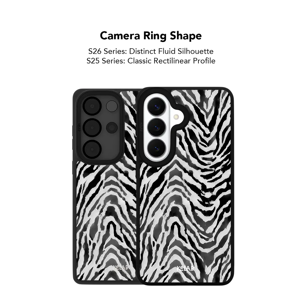 Close up of the camera ring cutout on the Zebra Crossing black and white zebra print Samsung Galaxy case.