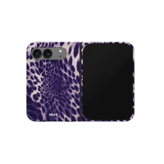 Purple Cheetah Print, Spiral Animal iPhone 18 Fold Case, unfolded front view
