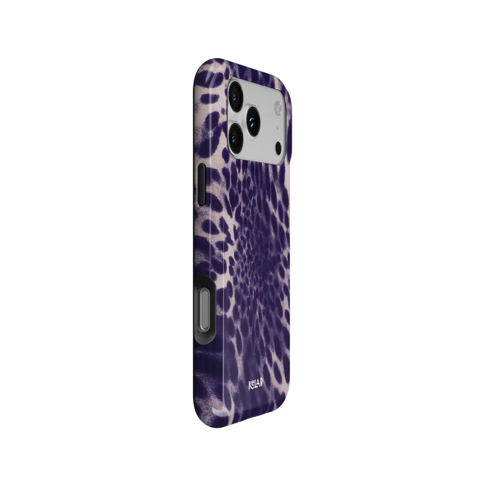 Purple Cheetah Print Tough iPhone case, side angle view with the pattern wrapped around the buttons
