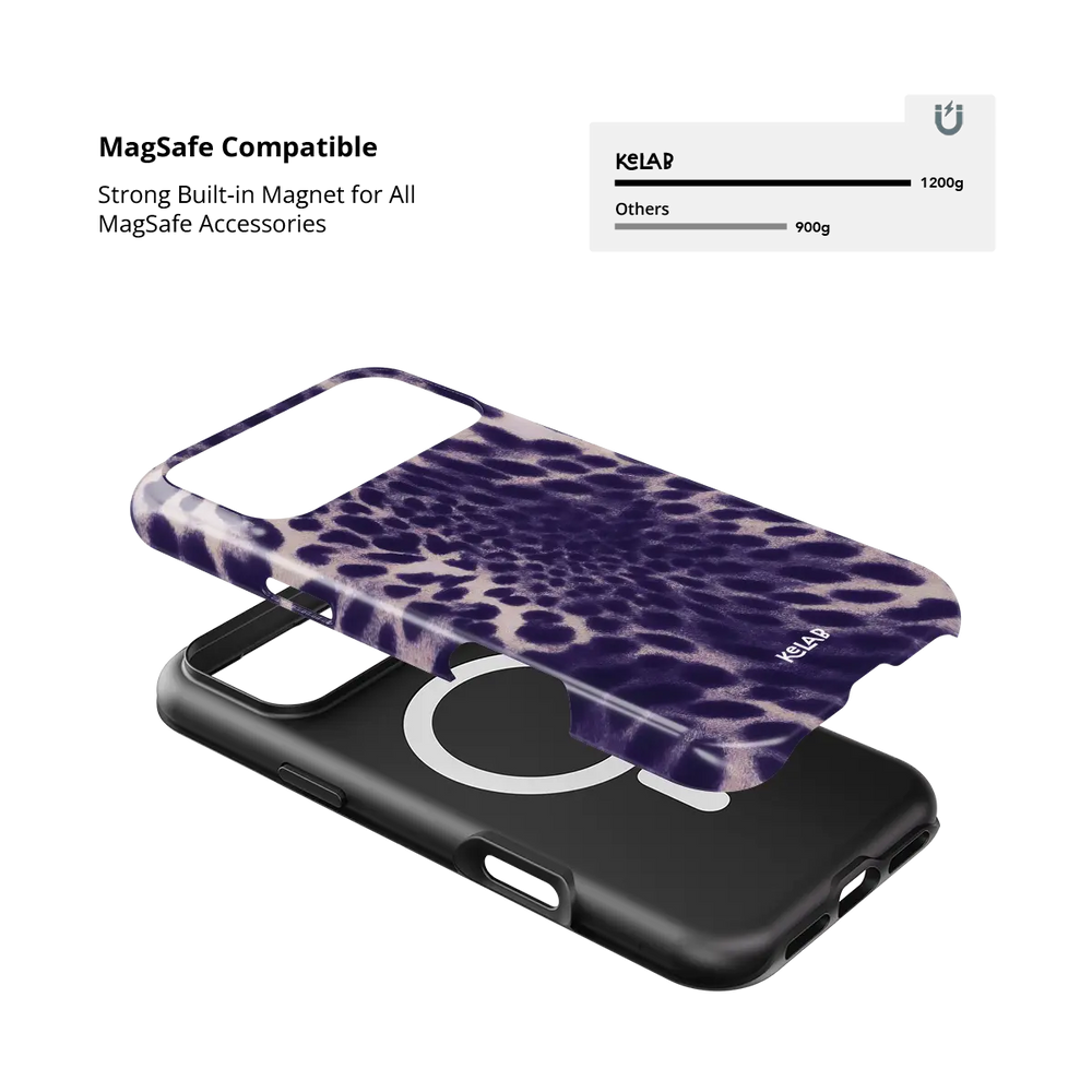 Purple Cheetah Print Tough iPhone case, built-in MagSafe magnets for secure snap-on charging
