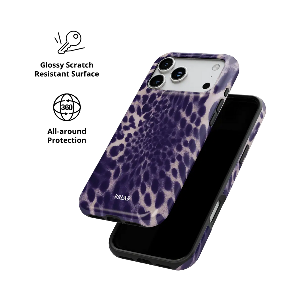 Purple Cheetah Print Tough iPhone case, glossy, scratch-resistant all-around protection