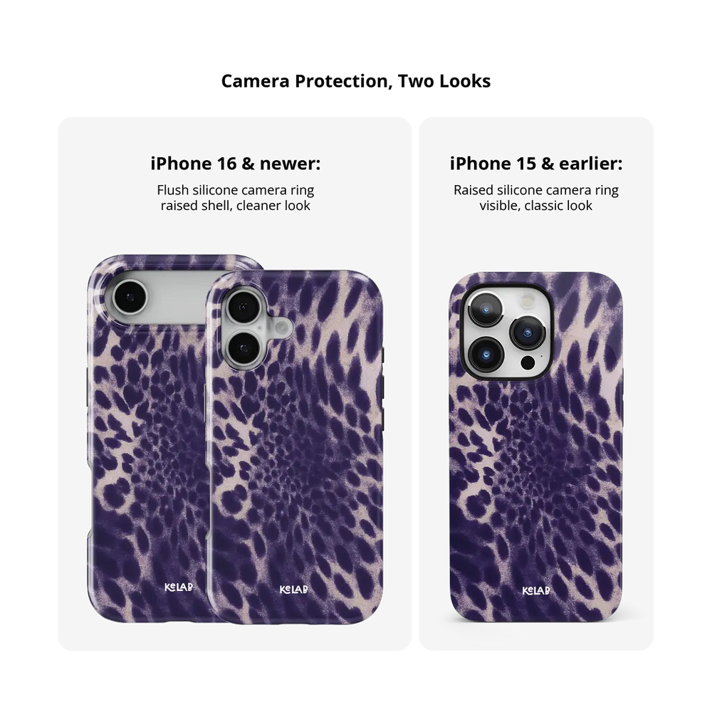 Purple Cheetah Print Tough iPhone case, camera protection compared across iPhone models