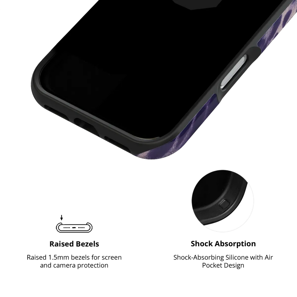 Purple Cheetah Print Tough iPhone case, inside view showing the raised bezel and shock-absorbing liner