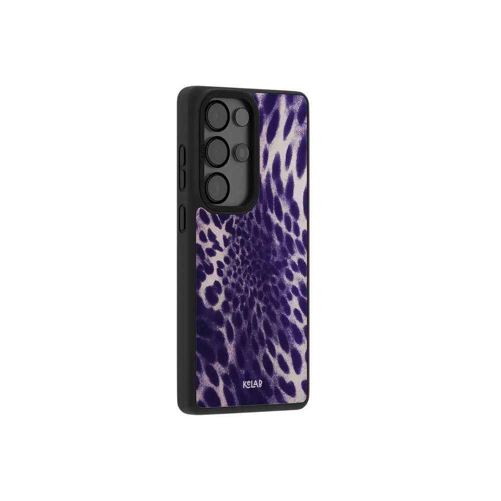 Purple Cheetah Print Samsung Galaxy case, side angle view with the pattern wrapped around the buttons