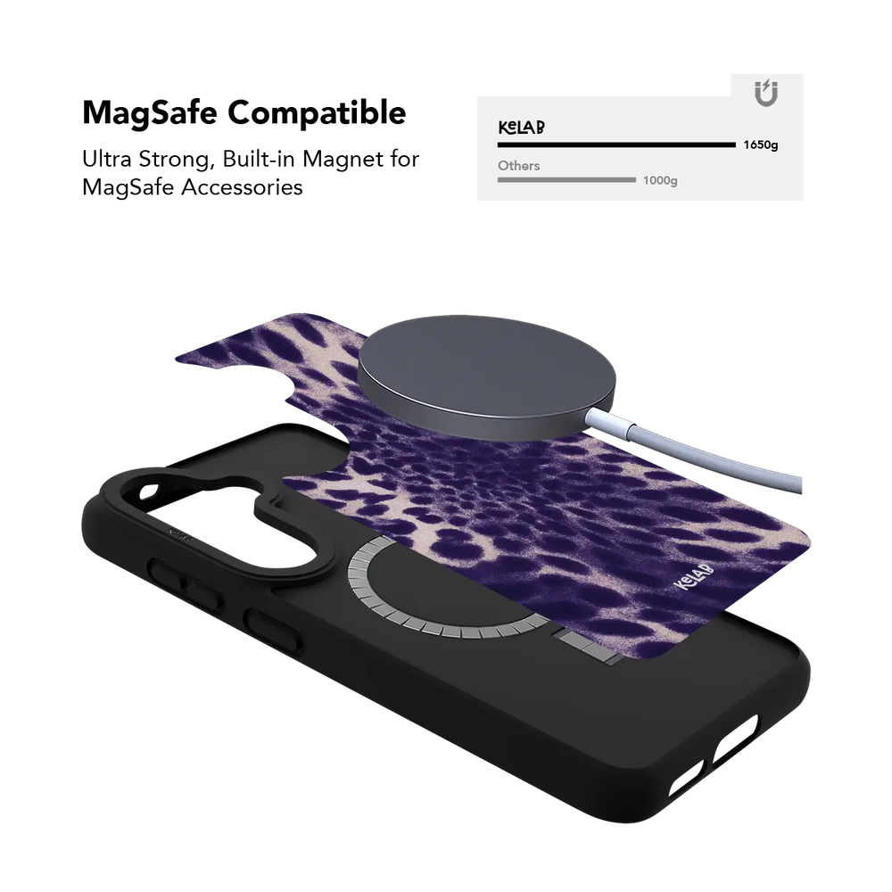 Purple Cheetah Print Samsung Galaxy case, built-in magnetic ring for wireless charging