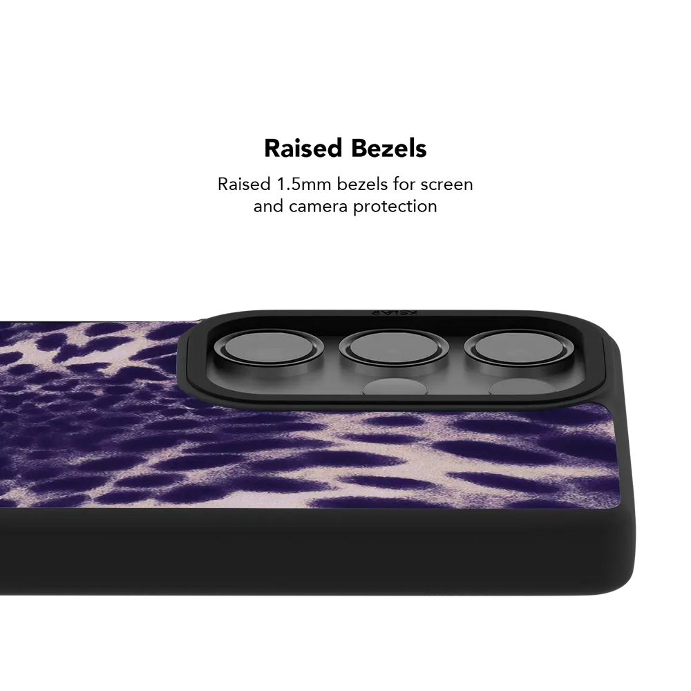 Purple Cheetah Print Samsung Galaxy case, raised bezel offering extra camera protection