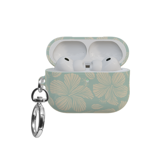 Green Hibiscus Floral airpods pro case front view with open lid and keychain