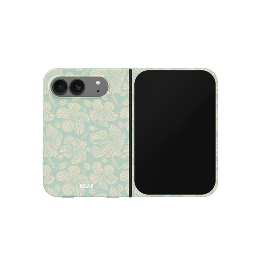 Green Hibiscus Floral, Tropical iPhone 18 Fold Case, unfolded front view