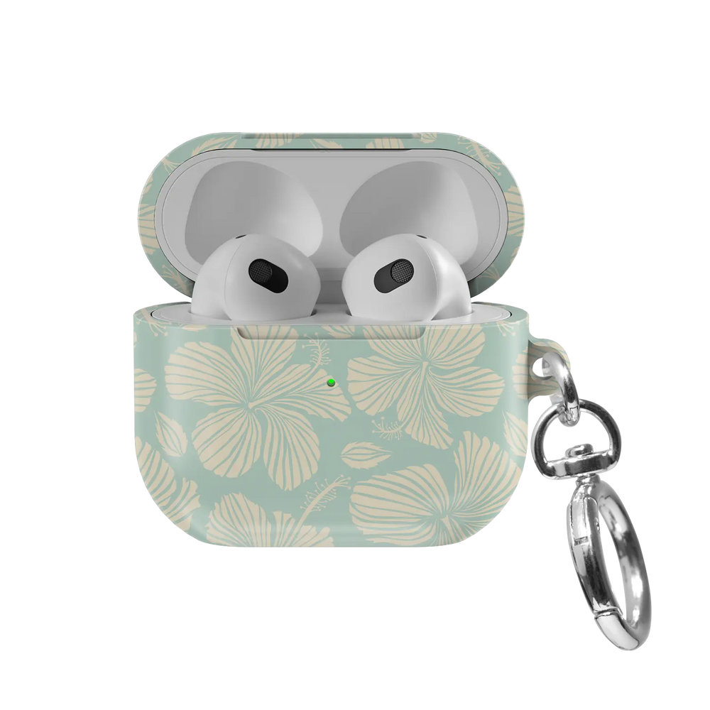 Island Mist | Green Hibiscus Floral AirPods Case - front view with open lid