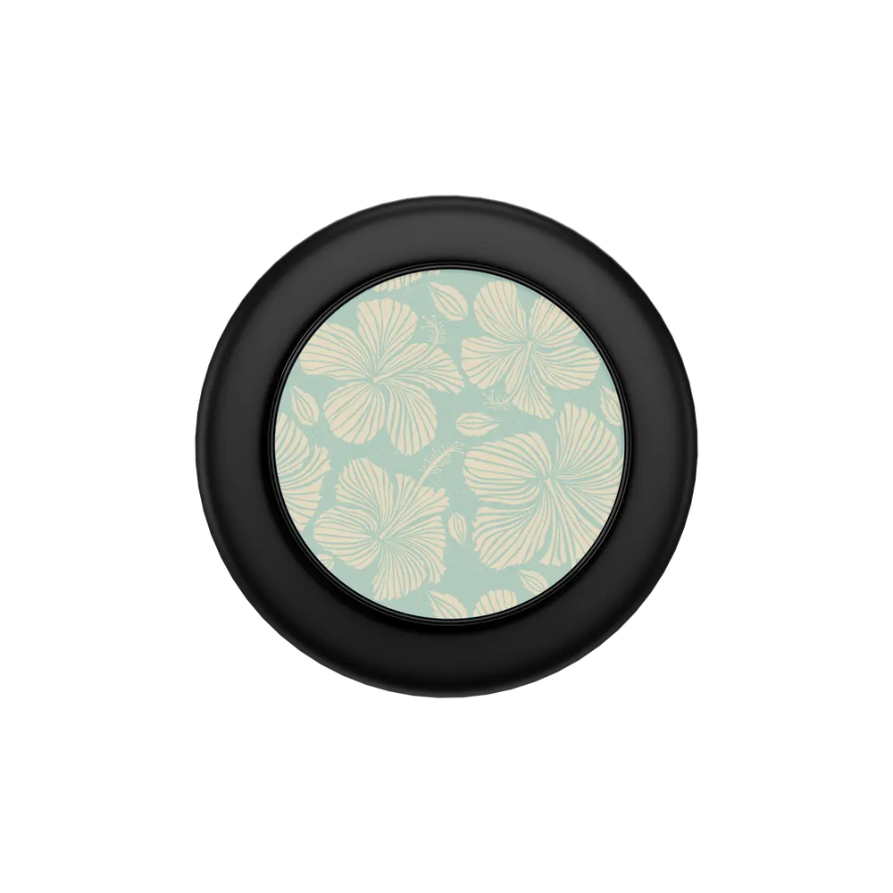 Island Mist Green Hibiscus Floral MagSafe phone grip, black grip color, folded flat