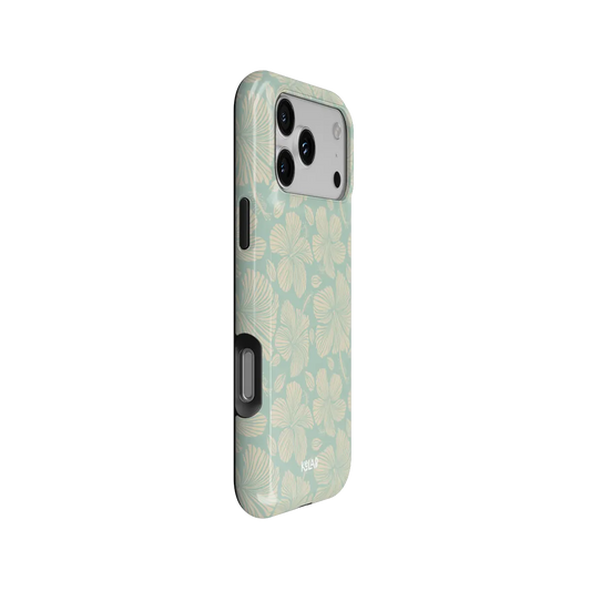 Island Mist green hibiscus floral iPhone case - tough - side angle showing buttons and full wrap