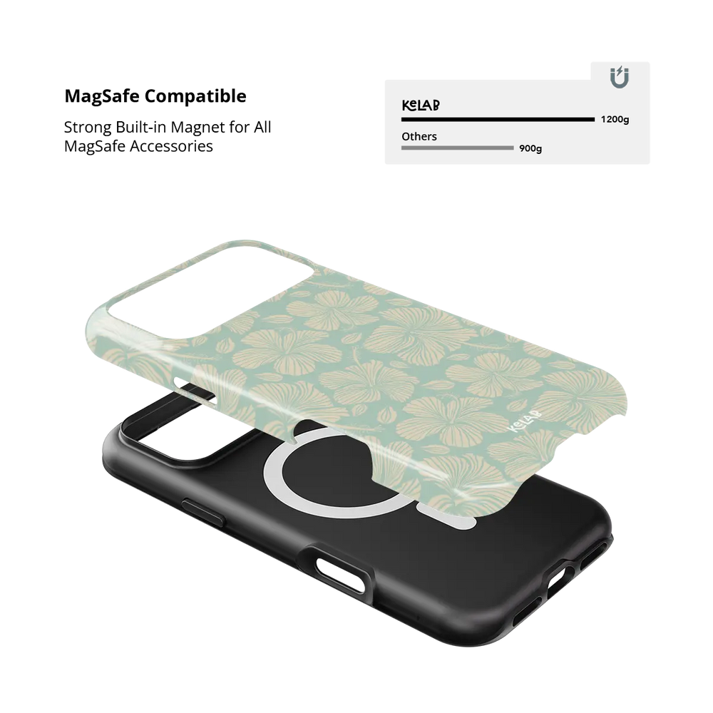 Island Mist green hibiscus floral iPhone case - tough - MagSafe compatible magnet strength