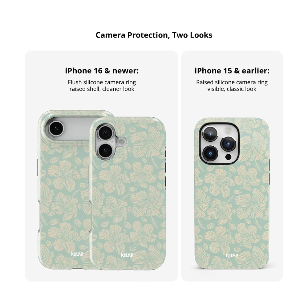 Island Mist green hibiscus floral iPhone case - tough - camera protection model comparison