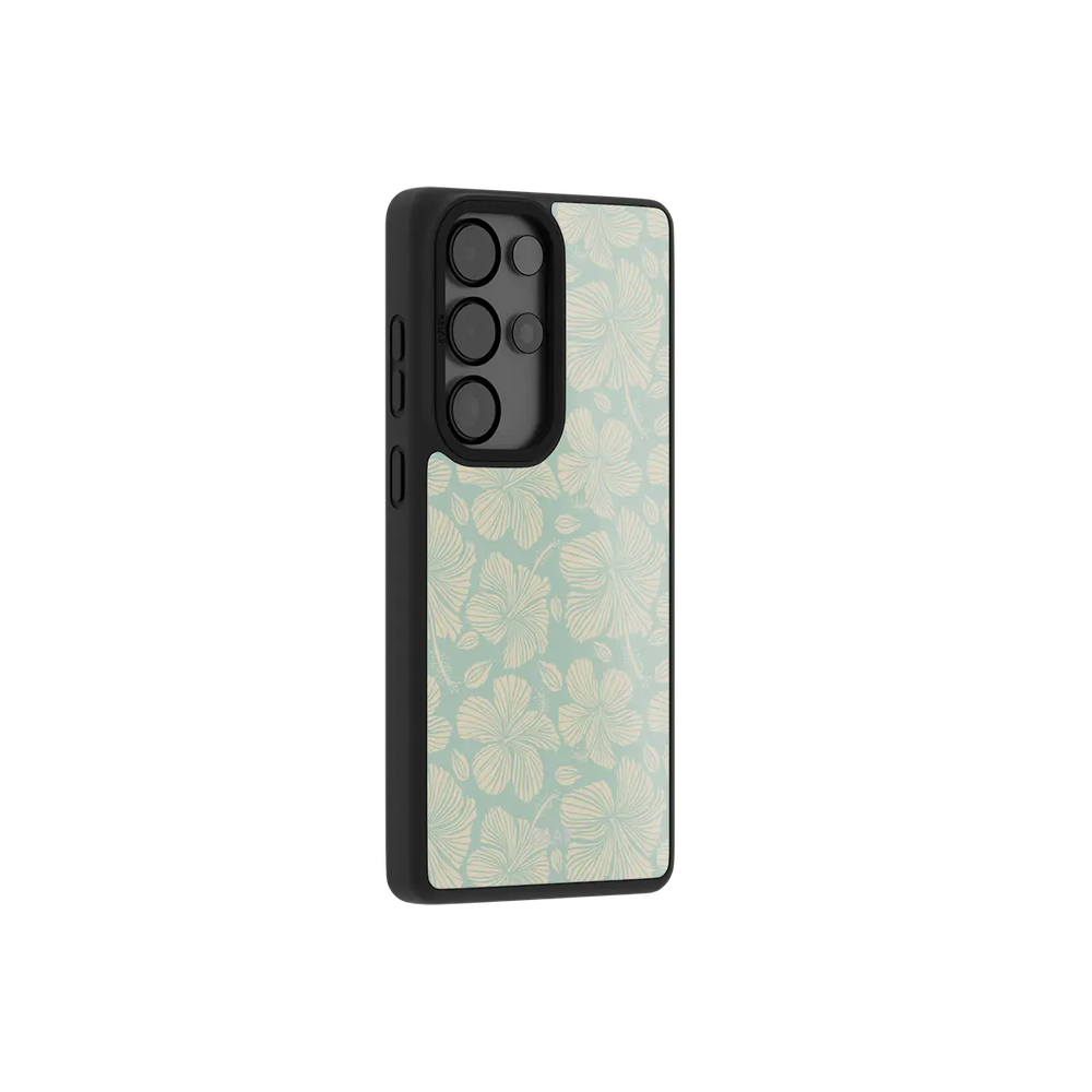 Green Hibiscus Floral Samsung Galaxy case, side angle view with the pattern wrapped around the buttons