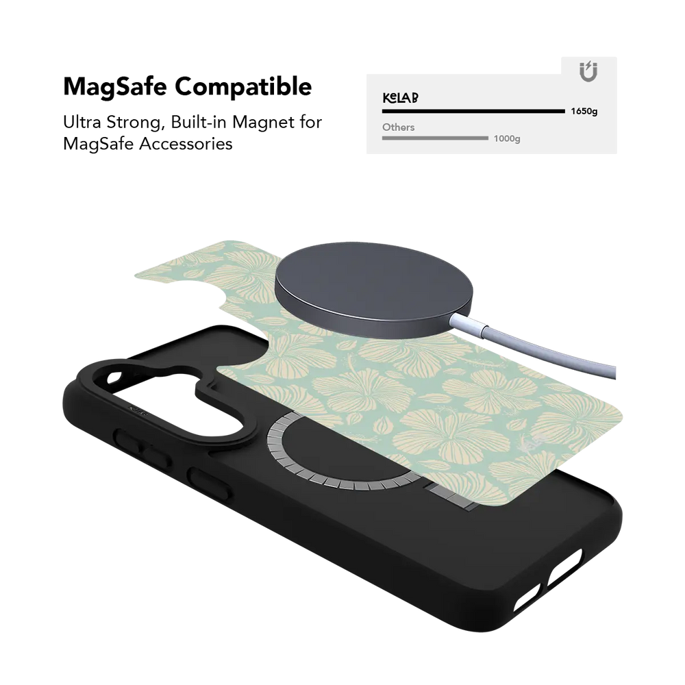 Green Hibiscus Floral Samsung Galaxy case, built-in magnetic ring for wireless charging