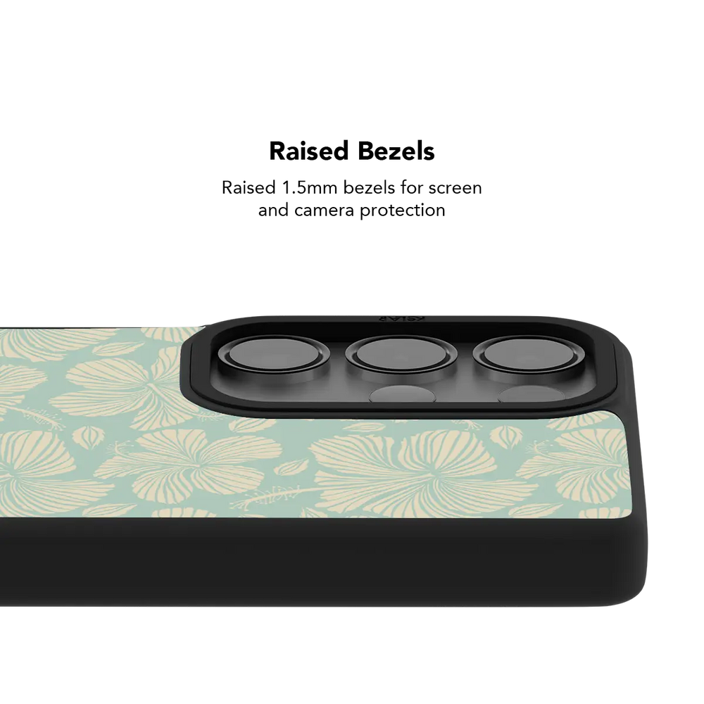 Green Hibiscus Floral Samsung Galaxy case, raised bezel offering extra camera protection